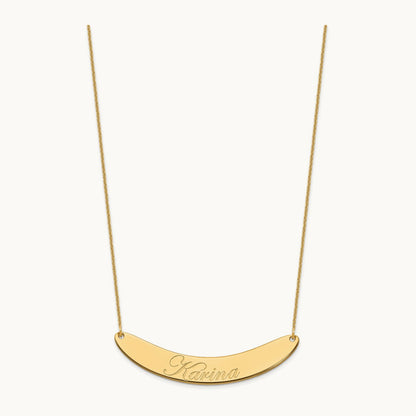 Large EDWARDIAN SCRIPT Curved Bar Necklace, 14K Yellow Gold