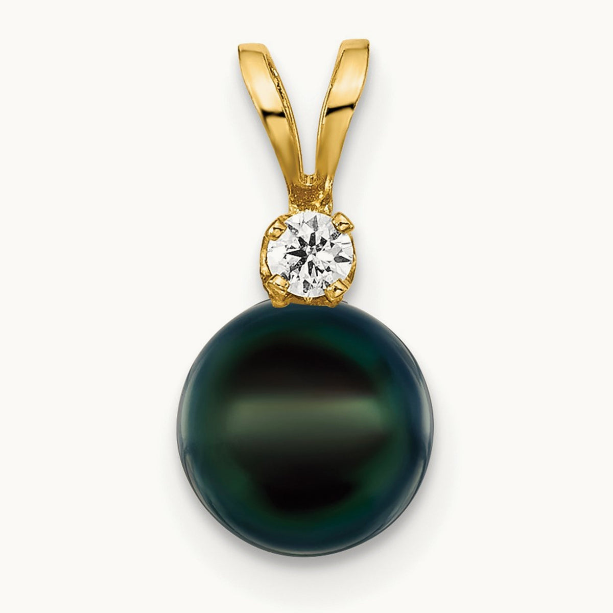 7- Black Round Saltwater Akoya Cultured Pearl Diamond Pendant, 8mm, 14K