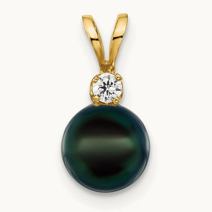 7- Black Round Saltwater Akoya Cultured Pearl Diamond Pendant, 8mm, 14K