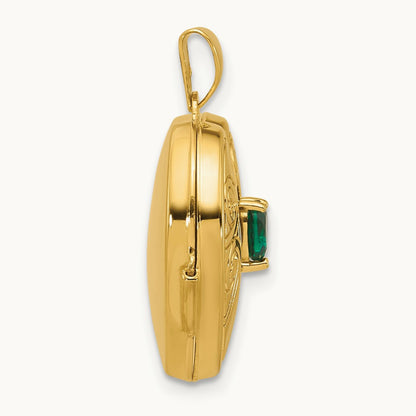 Polished Lab Created Emerald May Birthstone Heart Locket, 18mm, 14K