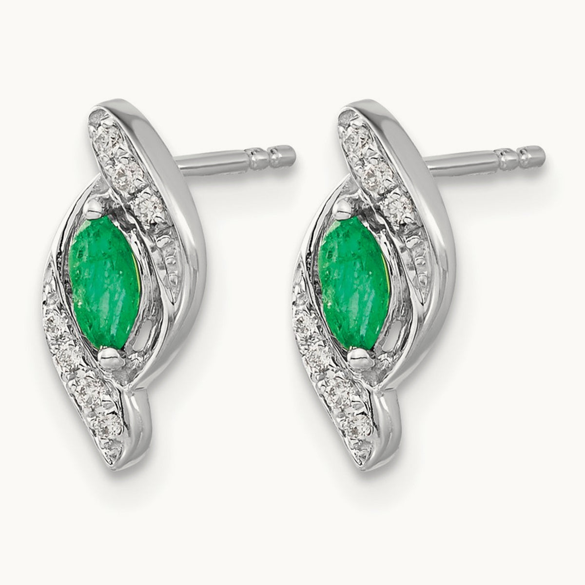 1/15Ct Diamond and Emerald Earrings — 14K White Gold