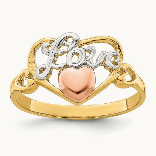 w/Rhodium Love Heart Ring, 14K Yellow with Rose Gold