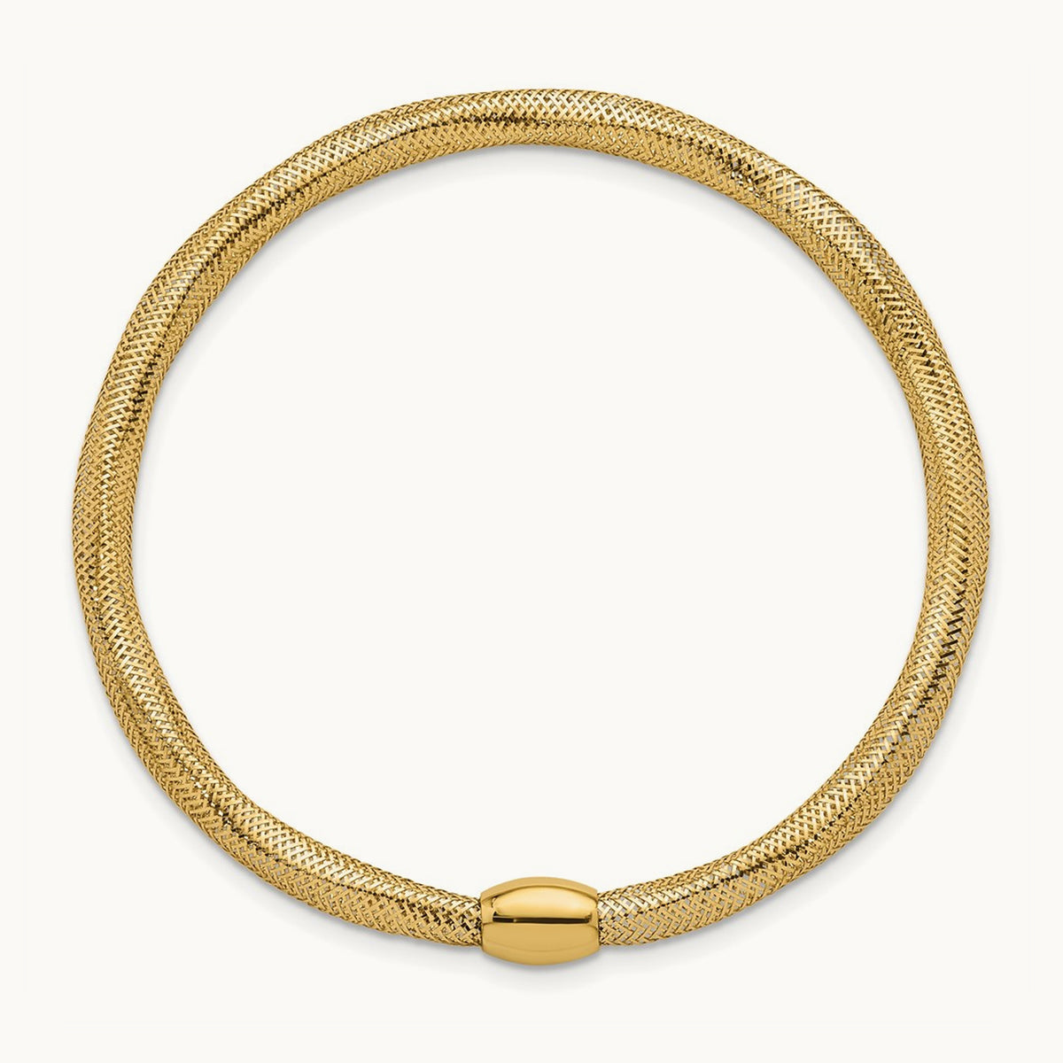 Polished Flexible Mesh with Bead Slip-on Stretch Bracelet, 14K