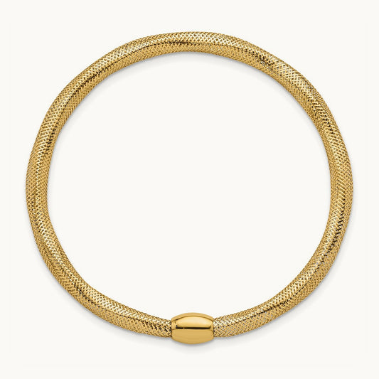 Polished Flexible Mesh with Bead Slip-on Stretch Bracelet, 14K