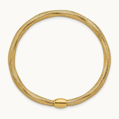 Polished Flexible Mesh with Bead Slip-on Stretch Bracelet, 14K