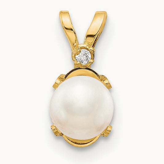 Diamond & Freshwater Cultured Pearl Birthstone Pendant — 14K Yellow Gold