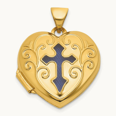Polished Blue Fabric Open Cross Heart Locket, 18mm, 14K