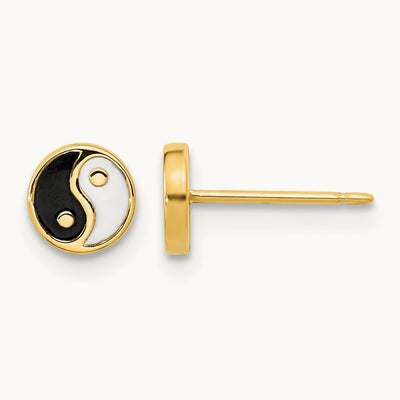 Black/White Enamel Yin and Yang Post Earrings, 14K Gold