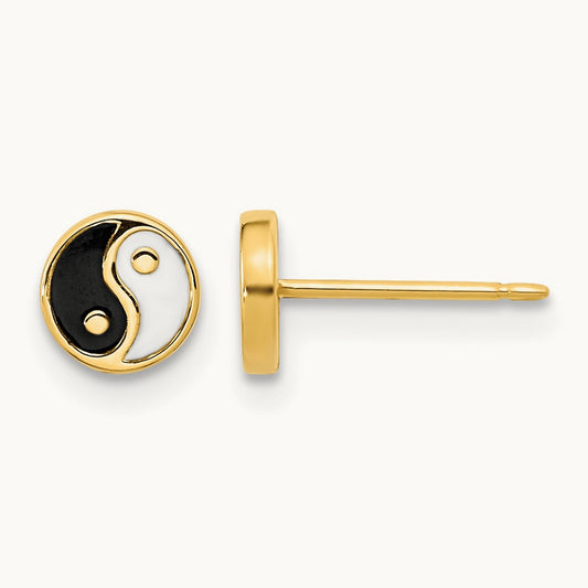 Black/White Enamel Yin and Yang Post Earrings, 14K Gold