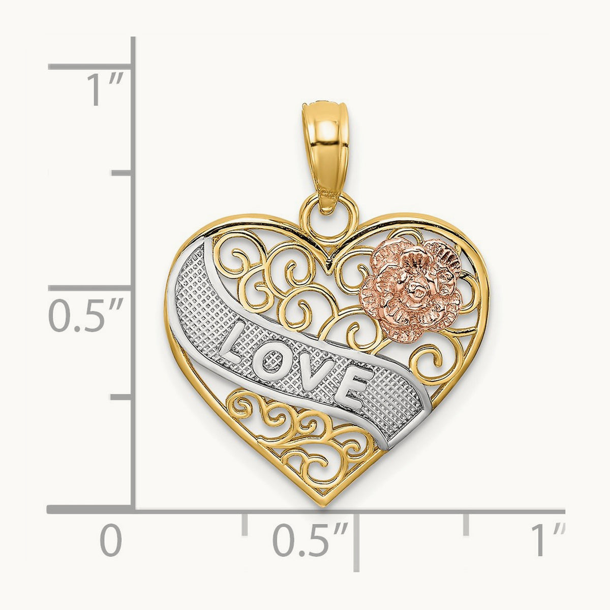 LOVE Banner on Filigree Heart Charm, 14K Two-tone with White Rhodium