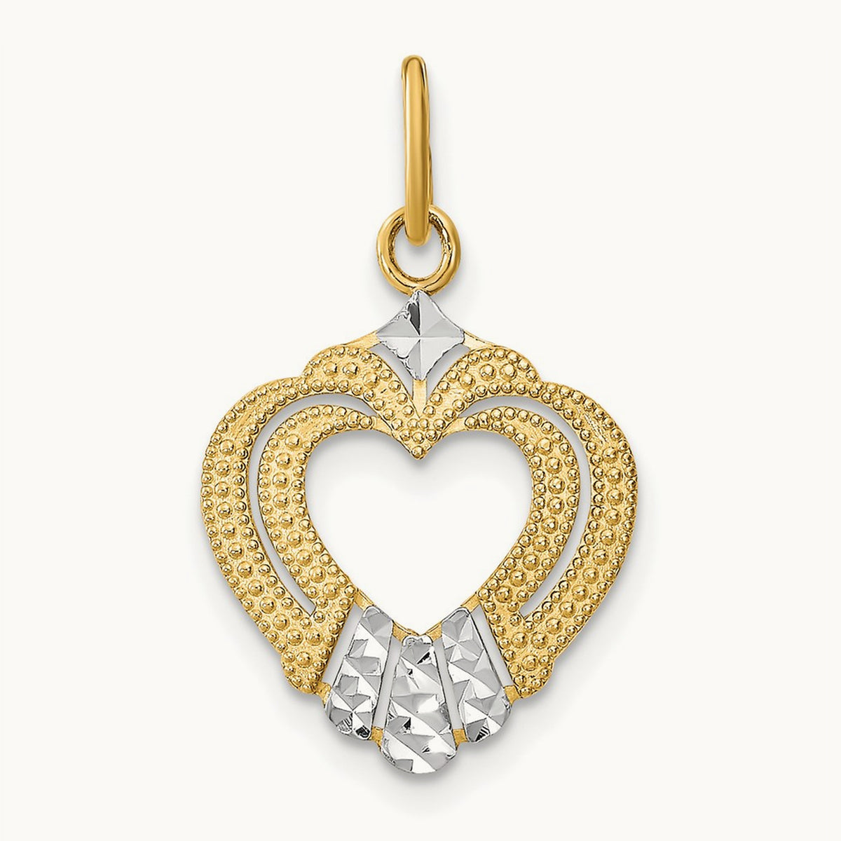 w/Rhodium Diamond-cut Textured Heart Charm, 14K