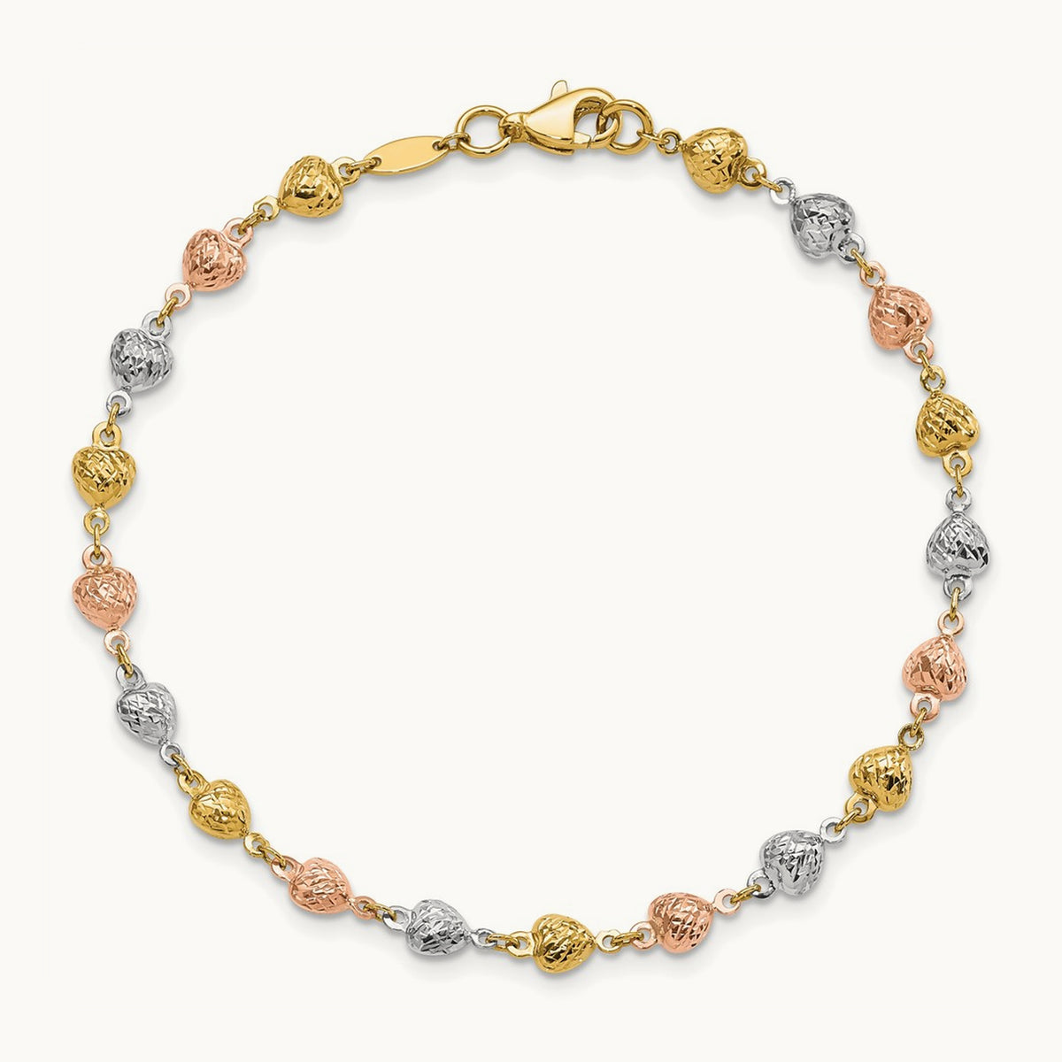 Tri-color Polished Diamond-Cut Hearts 7.5in Bracelet, 14K