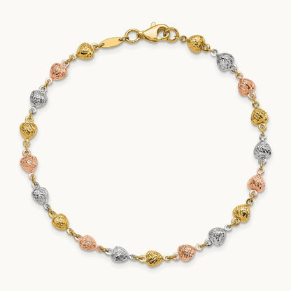 Tri-color Polished Diamond-Cut Hearts 7.5in Bracelet, 14K
