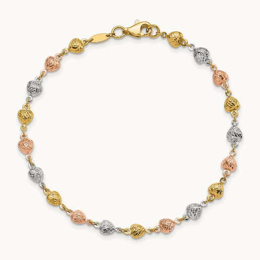 Tri-color Polished Diamond-Cut Hearts 7.5in Bracelet, 14K