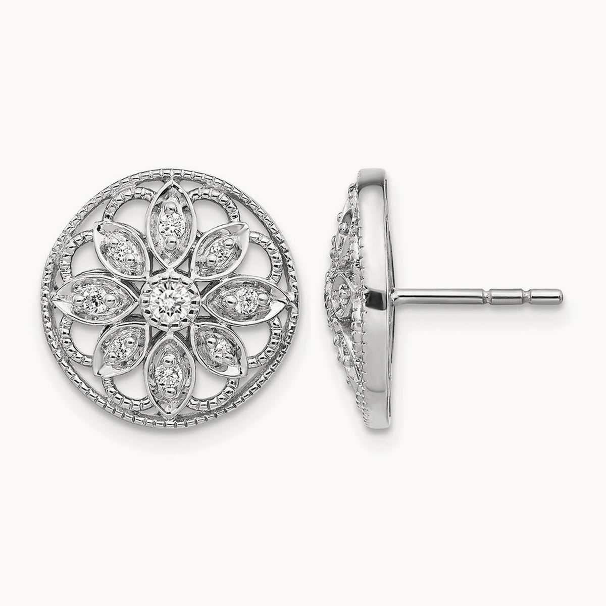 Diamond Fancy Floral Earrings, 14K White Gold