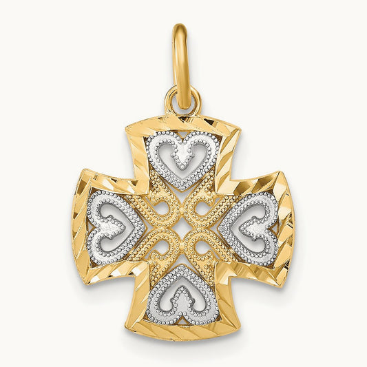 w/Rhodium Hearts and D/C Maltese Cross Charm, 14K