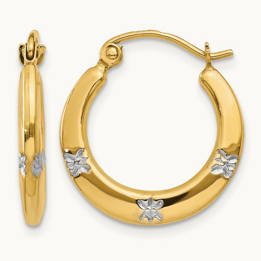 & Rhodium Flowers Hollow Hoop Earrings, 14K