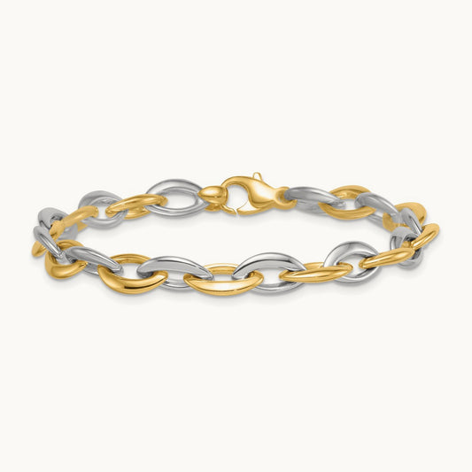 Polished Oval Link Bracelet, 7mm, 14K Two Tone