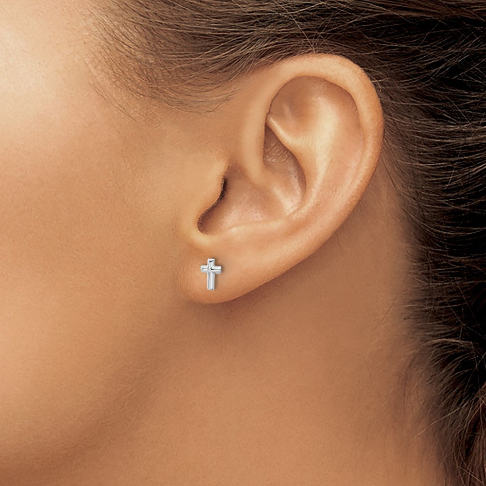 Polished Cross Post Earrings — 14K White Gold