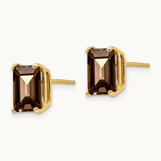 9x7 Emerald Smoky Quartz Earrings, 14K