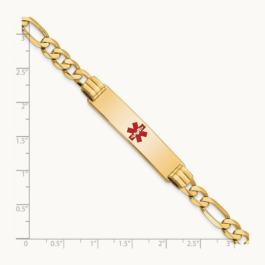 Medical Red Enamel Flat Figaro Link ID Bracelet, 14K