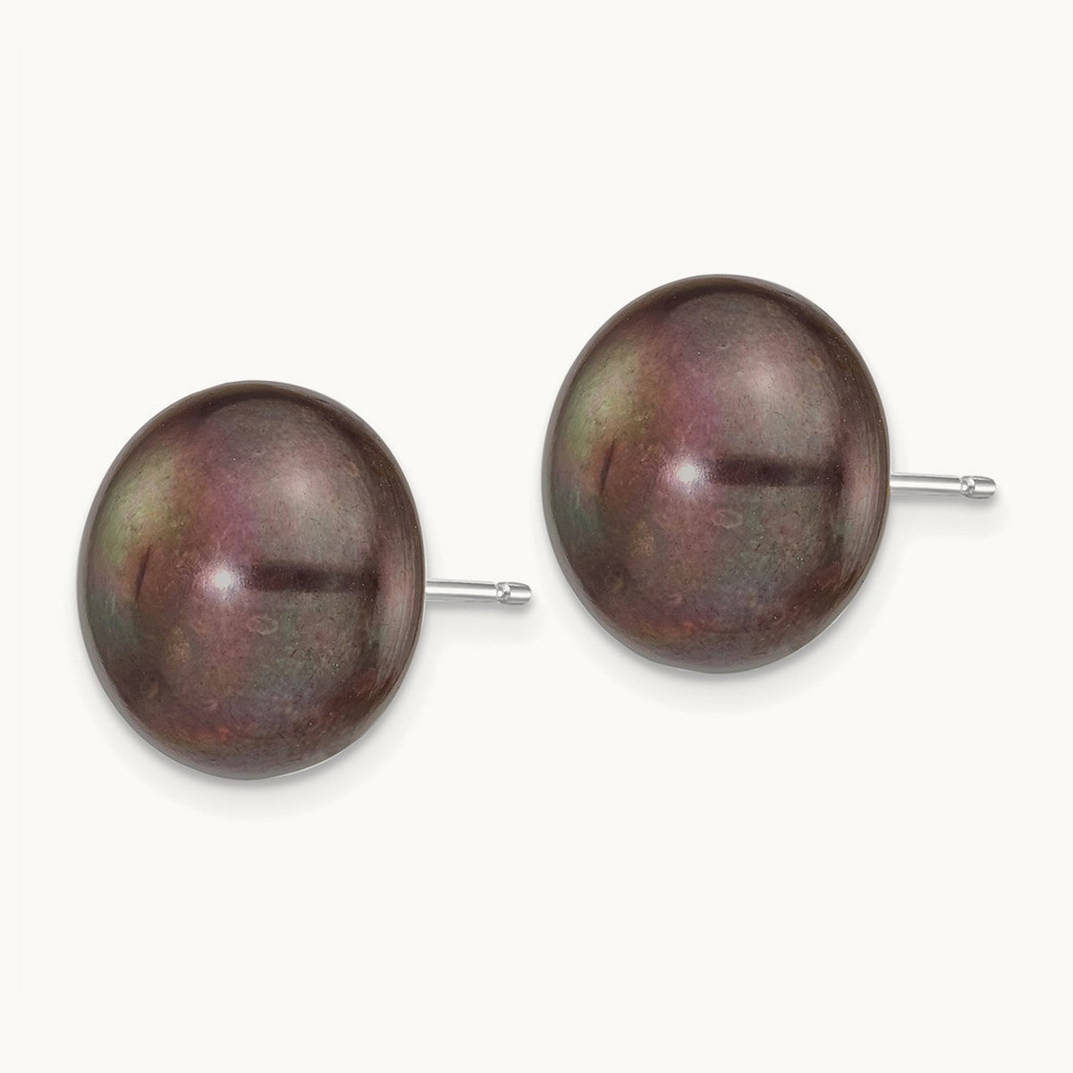 Black Button Freshwater Cultured Pearl Stud Post Earrings — 14K White Gold