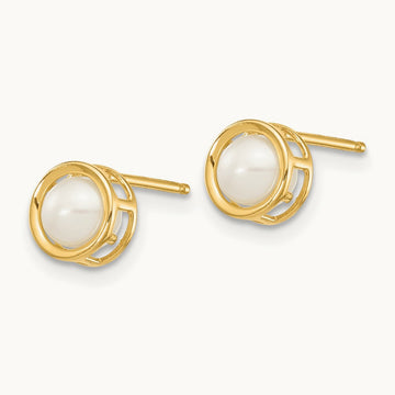 Bezel Freshwater Cultured Pearl Stud Earrings — 14K Yellow Gold, 4.5mm