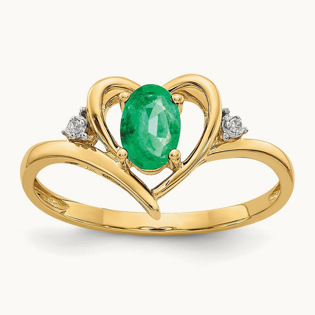 Emerald and Diamond Heart Ring — 14K Yellow Gold, 7