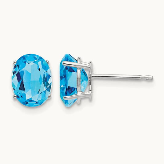 8x6mm Oval Blue Topaz Earrings, 14K White Gold