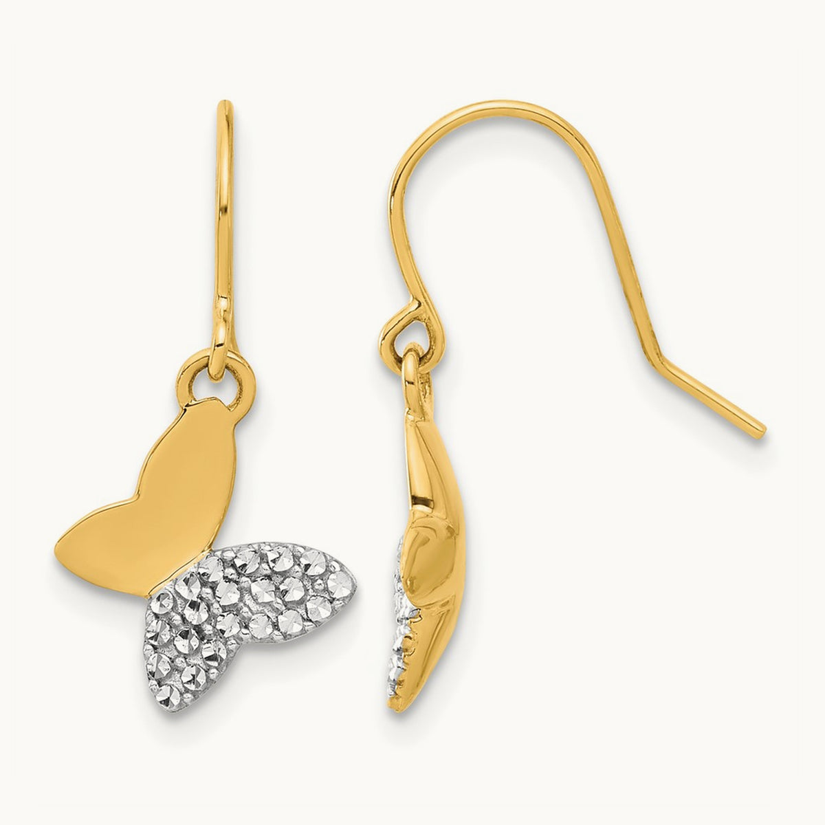 D/C Butterfly Dangle Earrings, 14K with White Rhodium