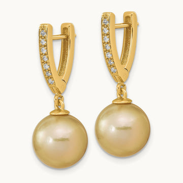 10- Round Golden Saltwater South Sea Pearl .105ct. Dia. Dangle Earr, 11mm, 14K