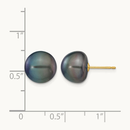 Black Button Freshwater Cultured Pearl Stud Post Earrings — 14K Yellow Gold