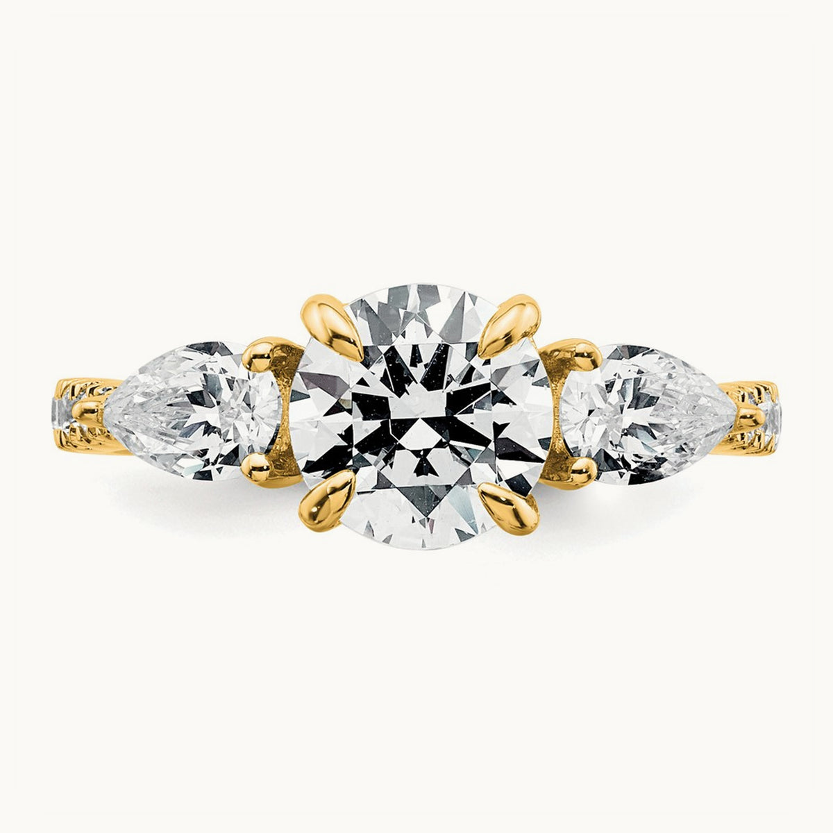 Round Center Semi-Mount 3 Stone Engagement Ring, 0.50-0.75 ct tw Lab-Grown Diamond — 3/4 ct (holds 1 ct center), 14K Yellow Gold
