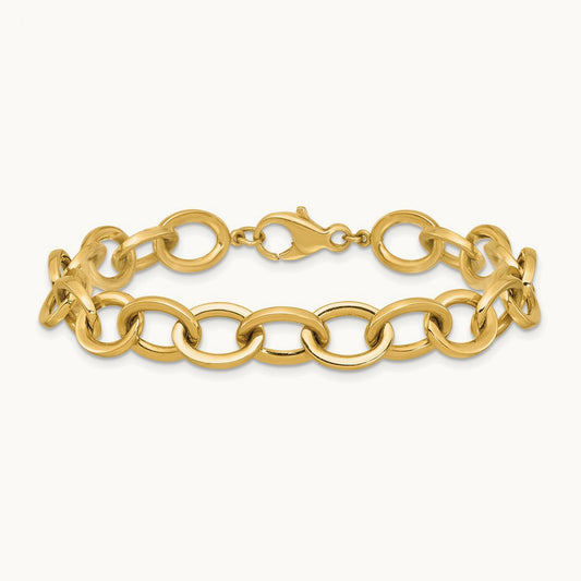 Polished Round Oval Chain Bracelet, 9mm, 14K