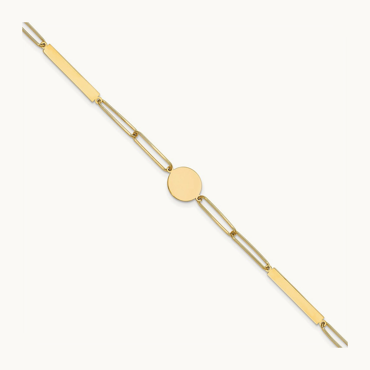 Polished Paperclip Link with Circle and Bar 8.25in Bracelet, 14K