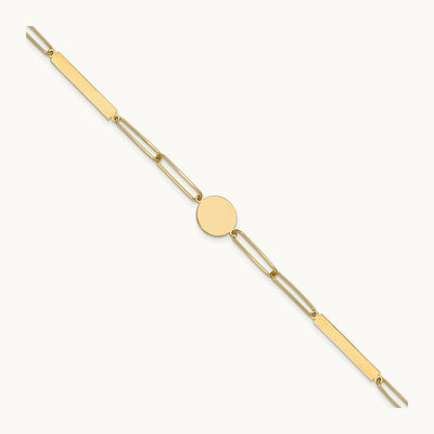 Polished Paperclip Link with Circle and Bar 8.25in Bracelet, 14K