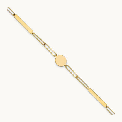 Polished Paperclip Link with Circle and Bar 8.25in Bracelet, 14K