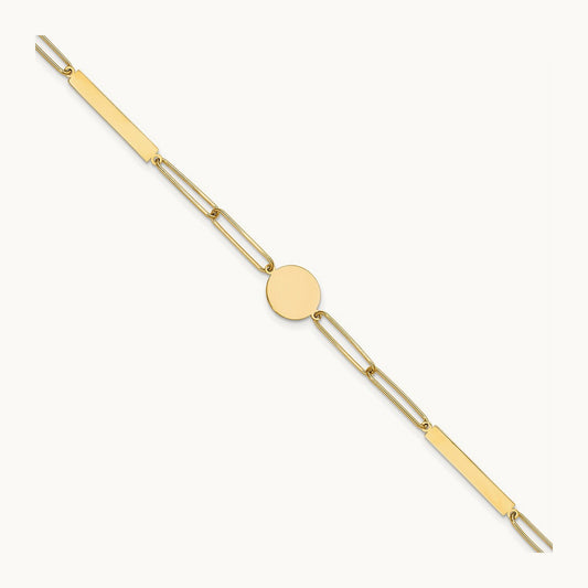 Polished Paperclip Link with Circle and Bar 8.25in Bracelet, 14K
