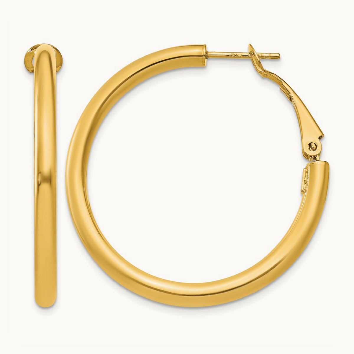 Polished Round Omega Back Hoop Earrings — 14K Yellow Gold, 3x36mm