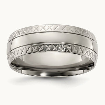 Polished Grooved Criss Cross Design Band, 7mm, Titanium