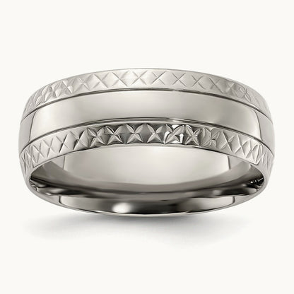 Polished Grooved Criss Cross Design Band, 7mm, Titanium
