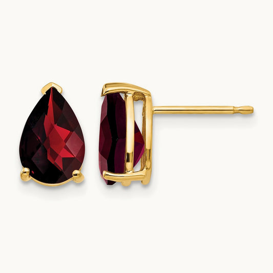 9x6mm Pear Garnet Checker Earrings, 14K