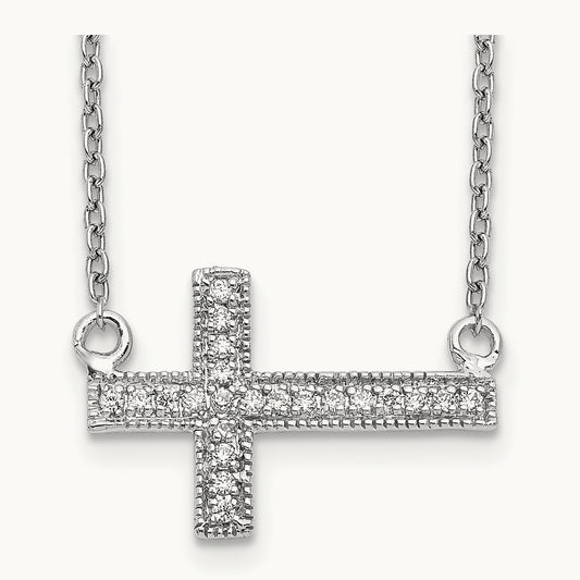 Diamond Sideways Cross 18in Necklace, 14K White Gold