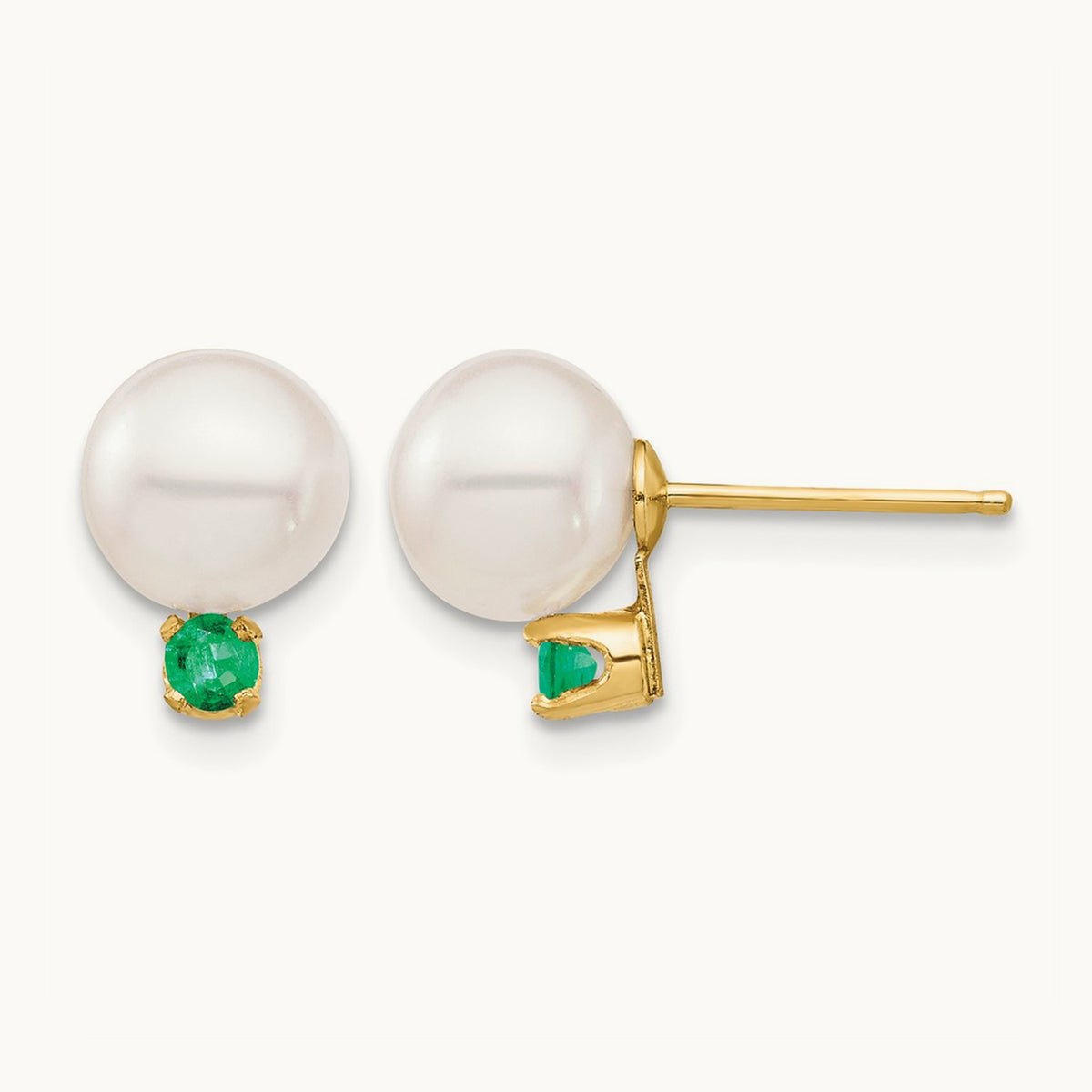 7- White Round Freshwater Cultured Pearl Emerald Post Earrings, 7.5mm, 14K