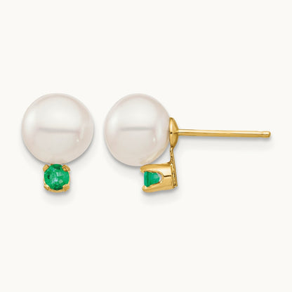 7- White Round Freshwater Cultured Pearl Emerald Post Earrings, 7.5mm, 14K