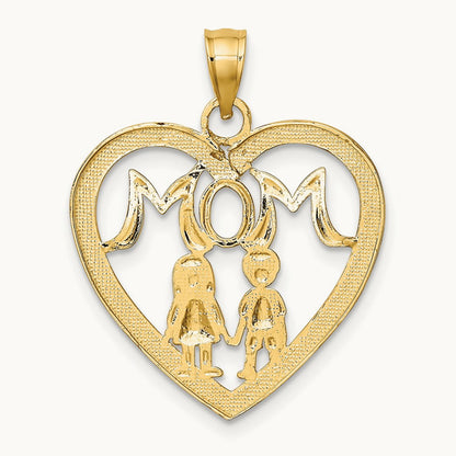 w/ Rhodium MOM Heart with 2 Kids Charm, 14K