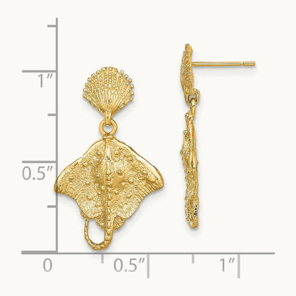 Shell and Stingray Post Dangle Earrings, 14K