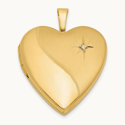 Satin and Polished Diamond Heart Locket, 20mm, 14K