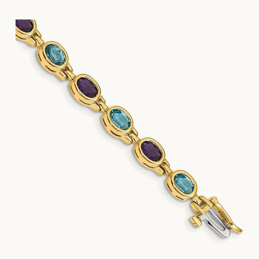 Oval Gemstone Amethyst/Blue Topaz Bracelet, 14K