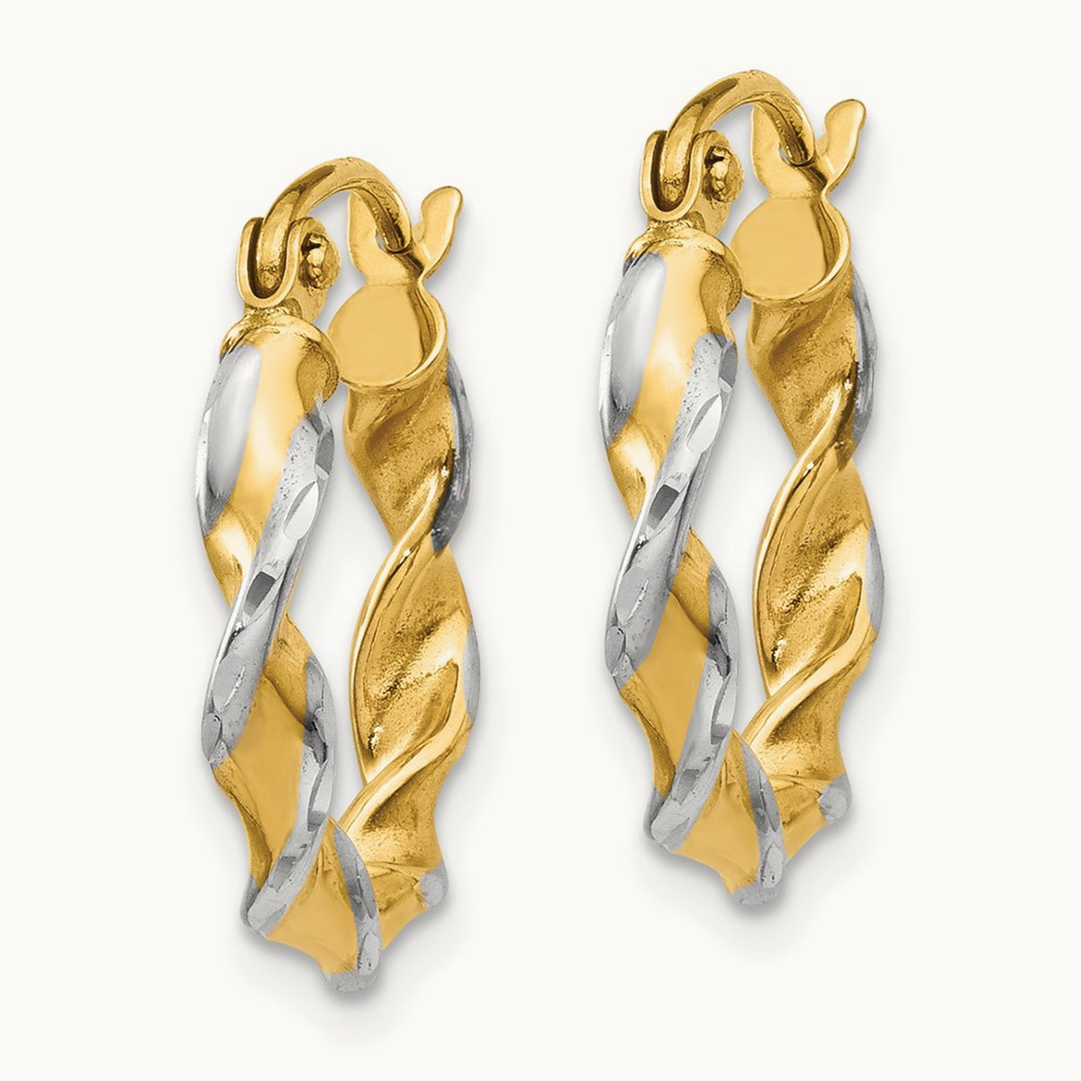 w/ White Rhodium Polished Fancy Twisted Hoop Earrings, 14K